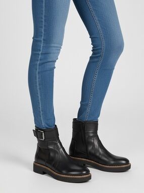 Geox Black Leather Chelsea Boots with Side Buckle and Chunky Sole 38